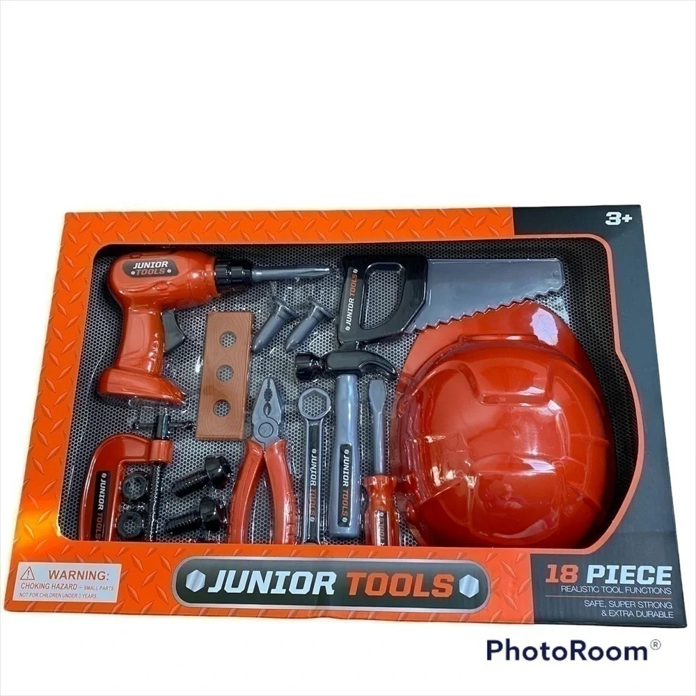 Junior Tool Play Set NEW 18 Piece Realistic Hard Hat Screwdriver Wrench Saw